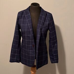 LuboBeiBei Women's Navy Blue Windowpane Plaid Single Breasted Blazer